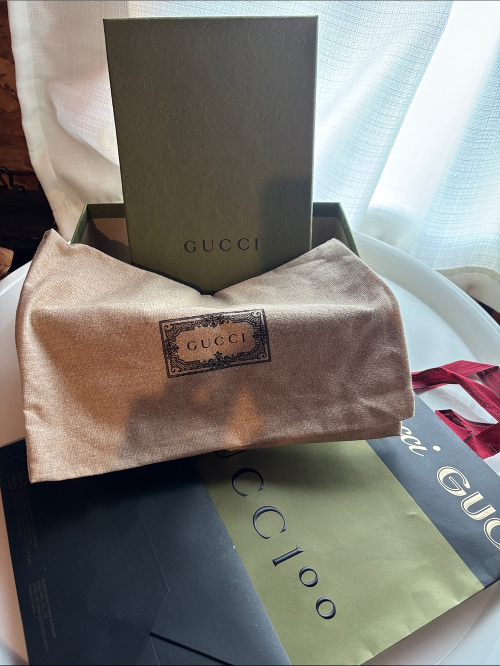 Gucci Beige Dust Bag with Olive Green Branded Box and Gift bag